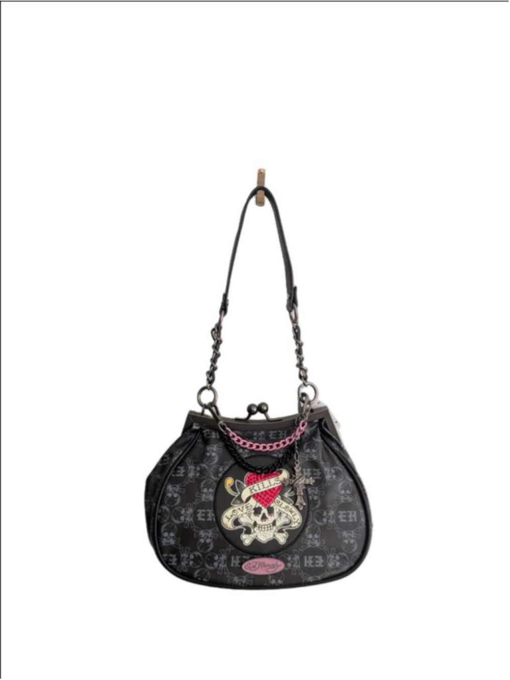 Ed Hardy Love Kills Slowly Skull Kiss Lock Bag Black Pink Y2K NWT